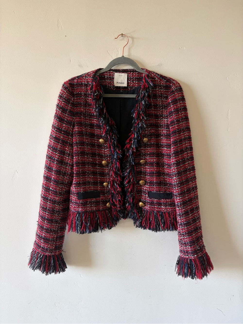 PINKO Red and Black Tweed Fringed Brass Toned Button Jacket - M/L